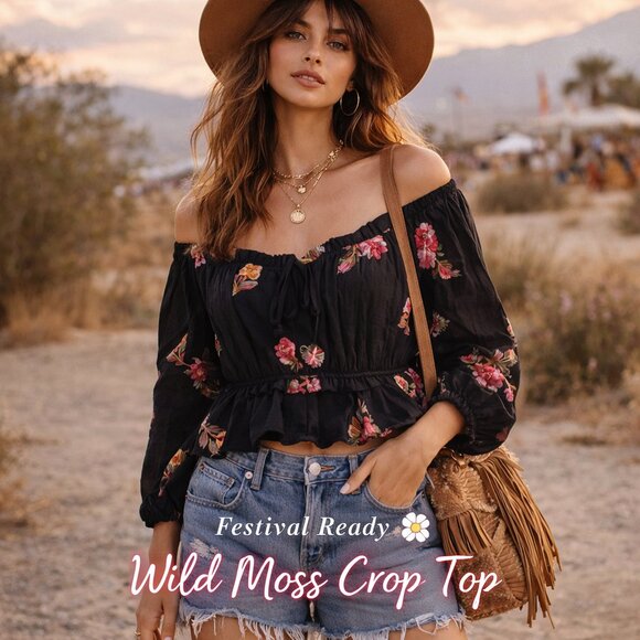 Wild Moss Tops - Wild Moss Crop Top L Black Floral Embroidered Boho Babydoll Peasant Festival Y2k